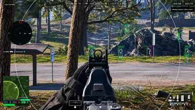 First-person woodland combat view through rifle iron sights with enemy skeleton ESP boxes, health bars, distance labels, a circular aim FOV ring, and corner radar minimaps.