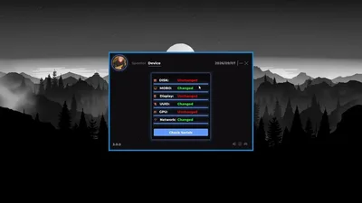 Portal table listing disk, motherboard, display, UUID, GPU, and network values with changed or unchanged badges beside a verify action.