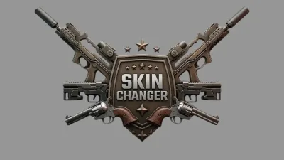Skin Changer badge: shield logo with crossed rifles, revolvers, and stars on a metallic plate.
